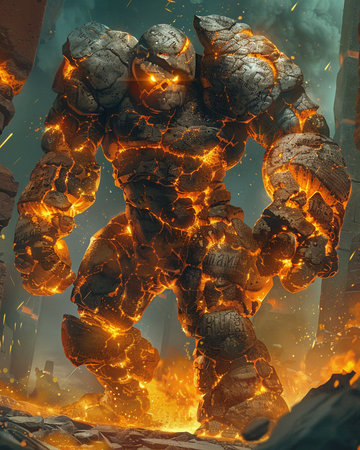 3D illustration of an alien in the dark with fire and smokeの素材