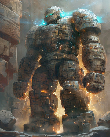 3D rendering of a fantasy warrior in a stone cave with glowing lightsの素材