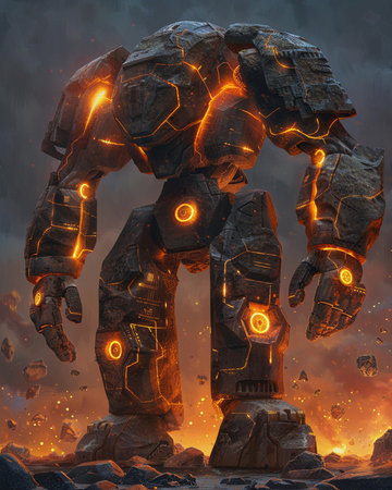 Futuristic robot with lightning in the sky. 3d renderingの素材