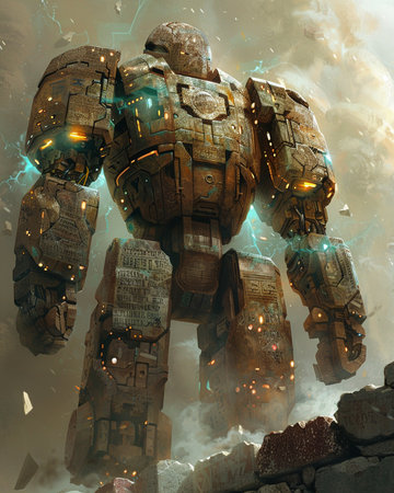 3D rendering of a cyborg in space with lights and smokeの素材