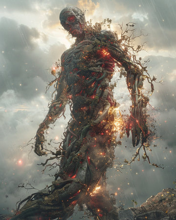 3D Illustration of a fantasy alien with a tree in the backgroundの素材