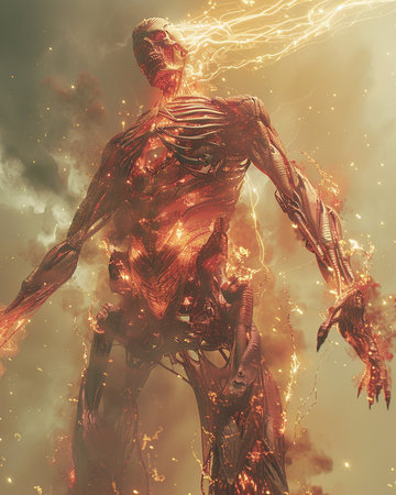 3D Illustration of a Fantasy Figure with Fire Flames in the Backgroundの素材