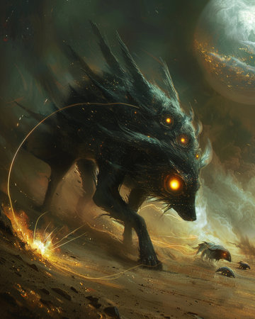 Fantasy illustration of a wolf in the dark space. 3d renderingの素材
