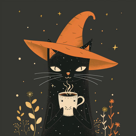 Vector illustration of a black cat in a witch hat with a cup of coffee.の素材