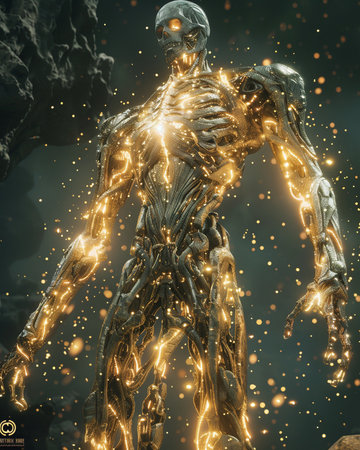 3D rendering of a male robot with glowing human body in space.の素材