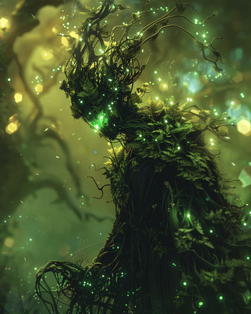 3D rendering of a fantasy alien creature in a dark forest.の素材
