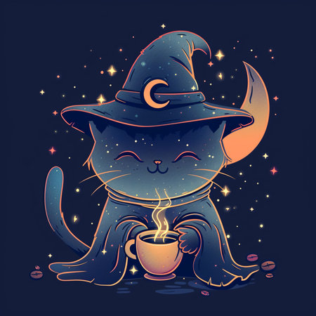 Cute cat witch with a cup of coffee. Vector illustration.の素材