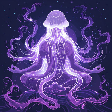 Illustration of a jellyfish meditating in the lotus positionの素材