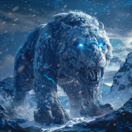 3D rendering of a big grizzly bear in the snowy mountainsの素材