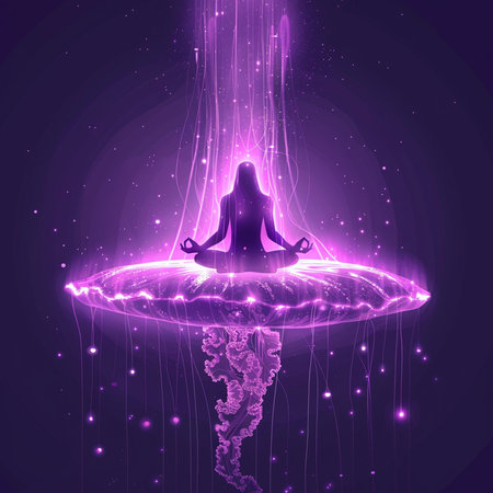 Silhouette of yoga woman meditating in lotus position on a magic backgroundの素材