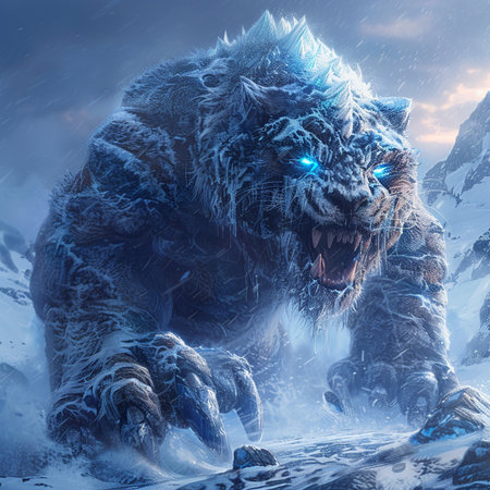 3D rendering of a big cat in the snow. Fantasy world.の素材