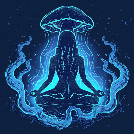 Jellyfish in the ocean. Hand drawn vector illustration on a dark blue background.の素材