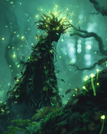 Fantasy forest with trees and lights. 3D illustrations. Fantasy forest.の素材