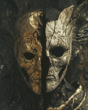 Vintage style image of an old scary mask. Halloween concept.の素材