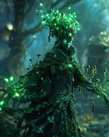 3d rendering of a fantasy alien with green lights in the forestの素材
