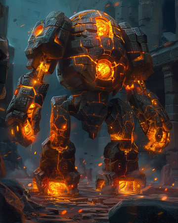 3d rendering of a robot in the dark with a fiery glowの素材