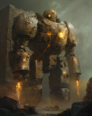 3d rendering of an old robot in the ruins of an ancient castleの素材