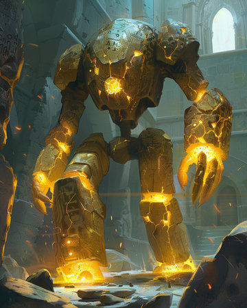 3D rendering of an ancient robot in the ruins of the templeの素材