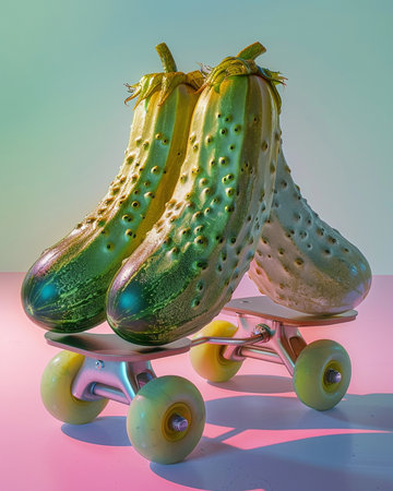 cucumbers on a skateboard on a pink-blue backgroundの素材