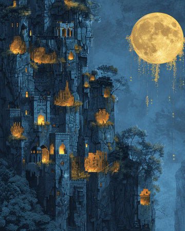 Fantasy landscape with castle and full moon. Digital art painting.の素材