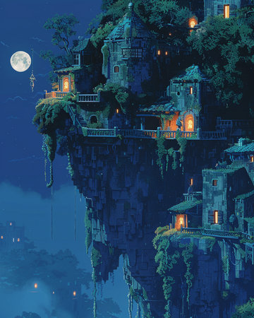 Fantasy castle on the cliff at night. 3d illustration.の素材
