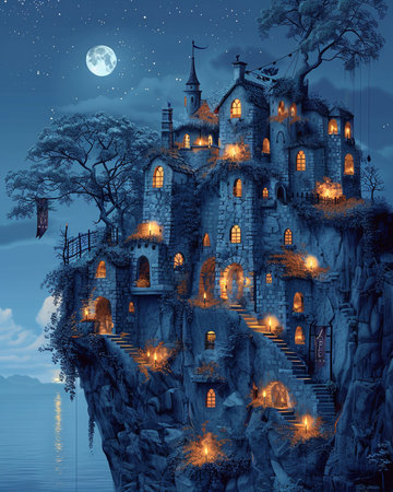 Halloween castle on the cliff at night with full moon and starsの素材