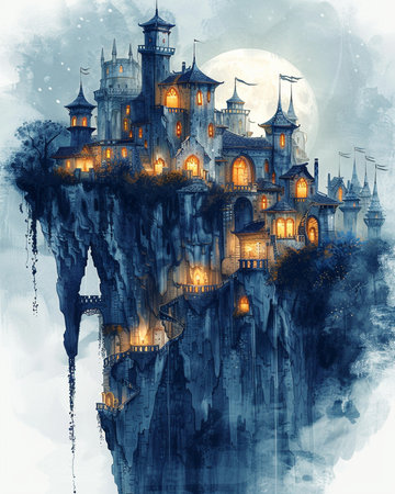 Halloween castle on the cliff. Watercolor painting. Digital illustration.の素材