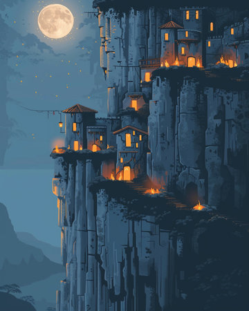 Fantasy castle on the cliff at full moon night. Vector illustrationの素材