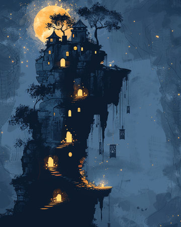 Halloween night background with haunted castle and moon. Vector illustration.の素材