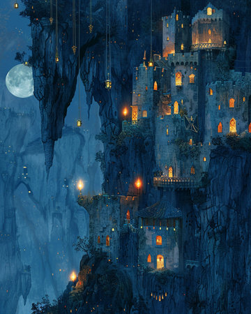 Fantasy castle in the cave. Digital painting. Illustration.の素材