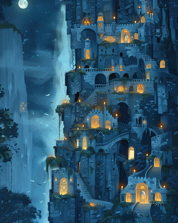 Fantasy castle on the hill at night. Digital painting illustration.の素材
