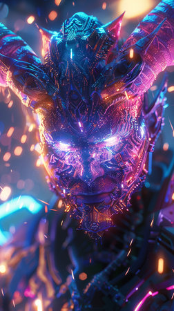 3D rendering of a female robot with neon lights on her faceの素材