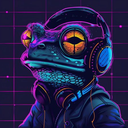 Frog in spacesuit and headphones. Futuristic illustration for your designの素材