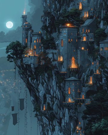 Fantasy landscape with old castle and moonlight. 3D renderingの素材