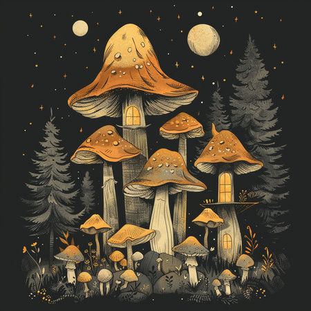 Magic forest with mushrooms. Hand drawn vector illustration on black background.の素材