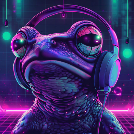 Frog with headphones listening to music. 3D illustration in neon style.の素材
