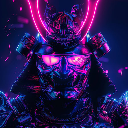 Futuristic cyborg warrior in neon light. 3d renderingの素材