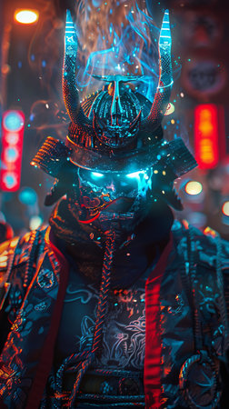 Samurai mask in a Japanese temple, close-up portrait.の素材