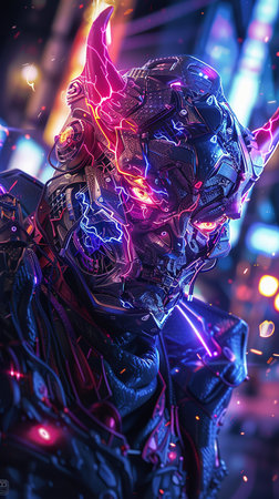 Futuristic cyborg with glowing neon lights. 3d renderingの素材