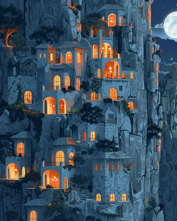 illustration of a fairy tale castle at night with full moon.の素材