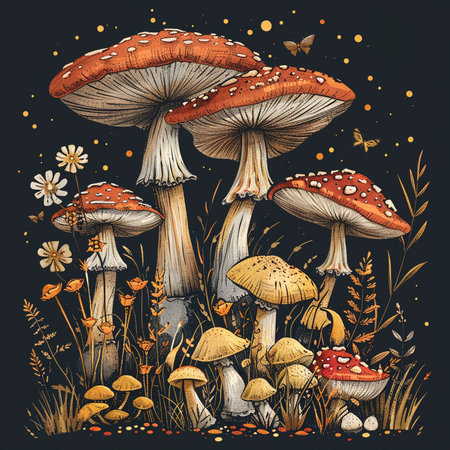 Hand drawn fly agaric mushrooms on dark background. Vector illustrationの素材