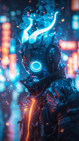 Cyborg man with neon lights and smoke in the night city.の素材