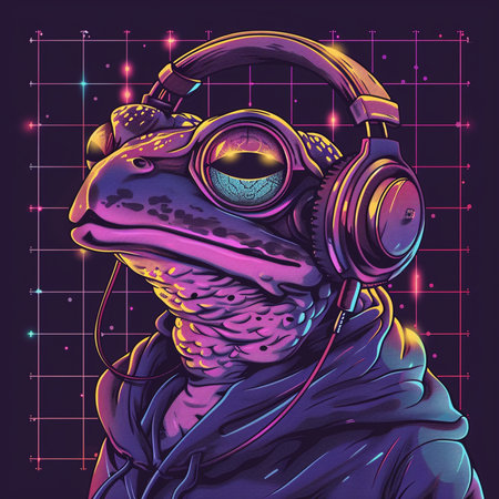 Frog in headphones. Vector illustration of a frog with headphones.の素材