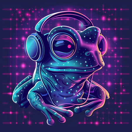 Vector illustration of a cartoon frog with headphones on a purple background.の素材