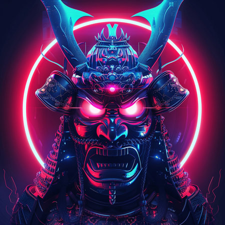 3D illustration of a fantasy warrior with horns on a dark backgroundの素材