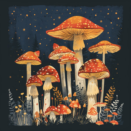 Fantasy forest with fly agaric mushroom. Vector illustration.の素材