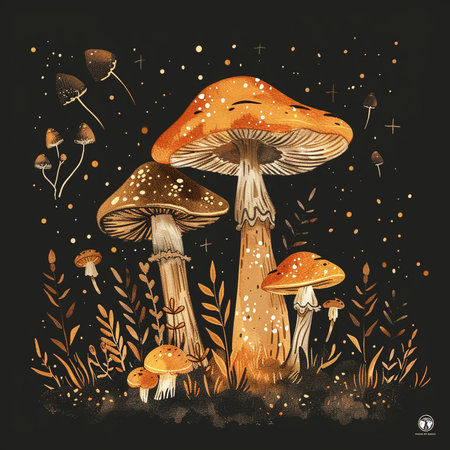 Hand drawn mushrooms on dark background. Vector illustration for your design.の素材