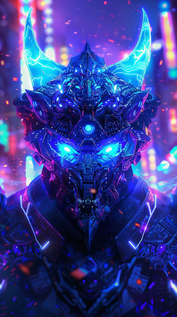 3D Illustration of a Futuristic Cyber Woman with Neon Lightsの素材