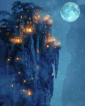 Fantasy landscape with castle on the cliff at night. Digital painting.の素材