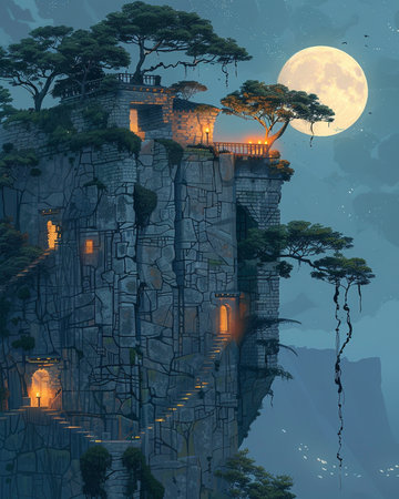 Fantasy landscape with a castle on the cliff. 3d renderingの素材